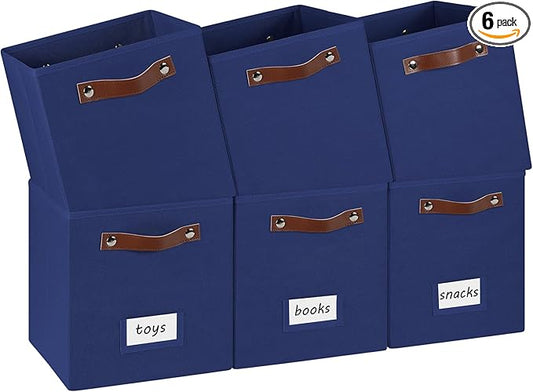 6-Pack Collapsible Fabric Storage Cubes with Handles & Label Holders, Closet Cube Home Organizer Bins (Navy Blue, 10.5*10.5*11 inch)