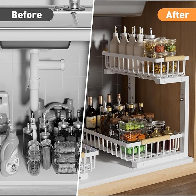 Under Sink Organizer, 2 Tier Height Adjustable Pull Out Cabinet Organizer Drawer, Metal Storage Shelf with Slide Out Wire Basket for Bathroom Kitchen, Countertop Pantry, White-NeatNest