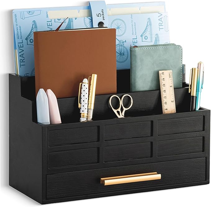 Black Wood Desk Organizer and Accessories with Drawer, Bill Mail Organizer and File Mail Holder for Office Supplies, Rustic Desk Accessories & Workspace Organizers for Desk Organization-NeatNest