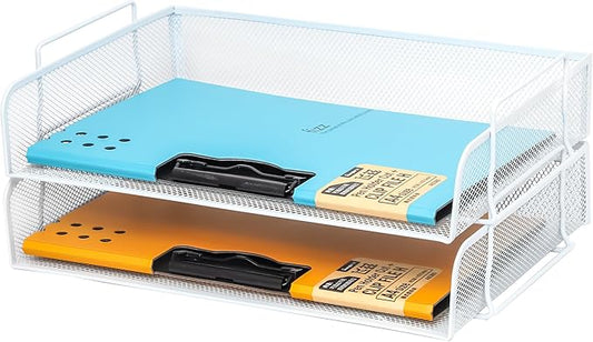 EASEPRES 2 Pack Stackable Desk Paper Tray, Metal Mesh Desktop Document Letter File Organizer for Office Home School, 13.5'' L x 9.75'' W x 5.5'' H, White