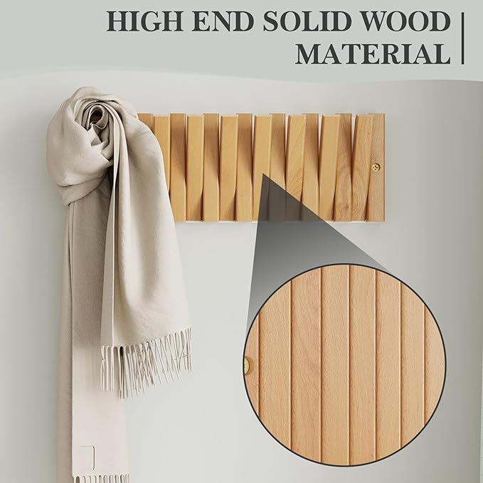 Coat Hooks, Wall Mounted Rack with 9 Retractable Hangers, Solid Wood Slim Holder for Entryway, 17in Natural Finish-1-NeatNest