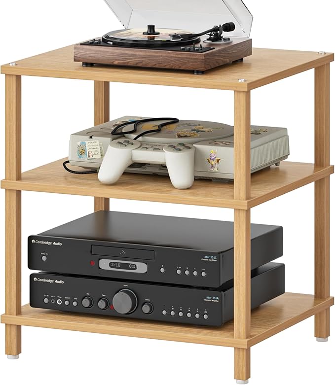 3-Tier AV Media Player Stand, Natural Stereo Cabinet, Modern Audio Shelf, Wooden TV Stand,Game Console Shelf, Multifunctional Entertainment Center, Suitable for Home, Conference Room, Game Studio-NeatNest