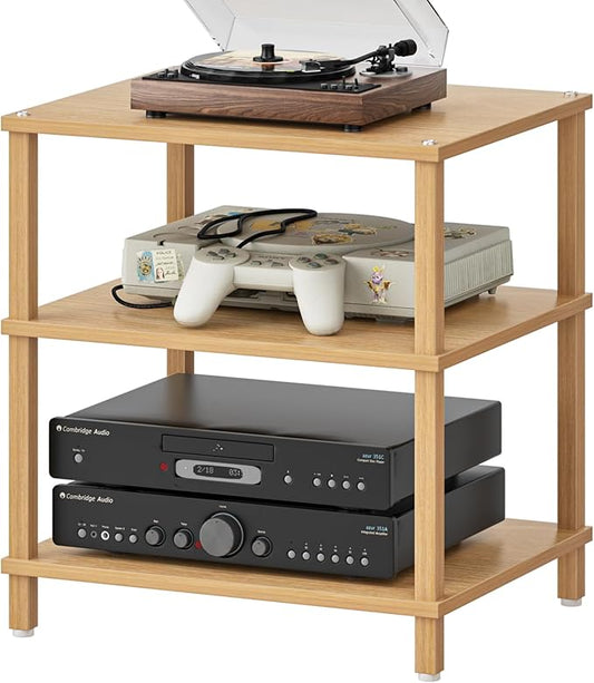 3-Tier AV Media Player Stand, Natural Stereo Cabinet, Modern Audio Shelf, Wooden TV Stand,Game Console Shelf, Multifunctional Entertainment Center, Suitable for Home, Conference Room, Game Studio-NeatNest