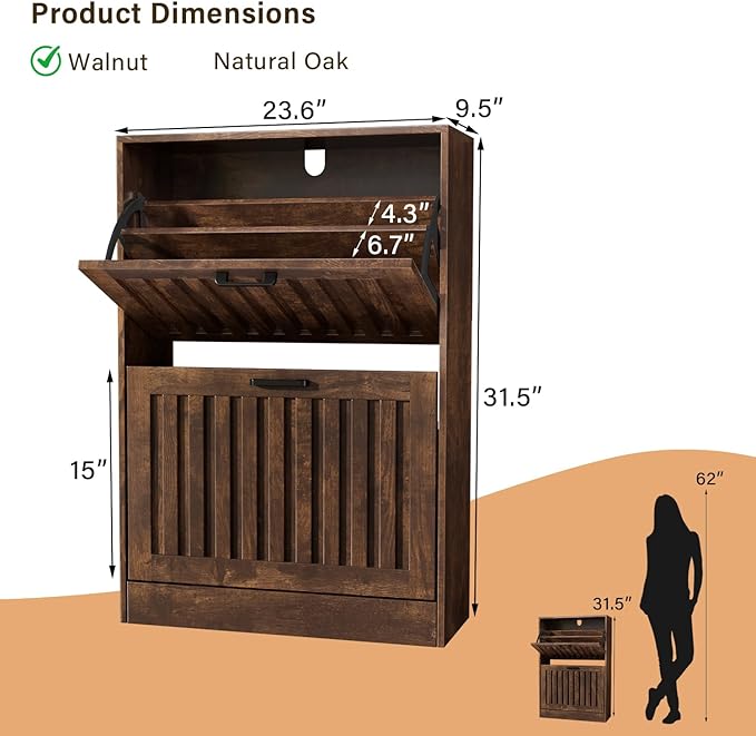 Shoe Storage Cabinet for Entryway with 2 Flip Drawers, Wooden Shoe Organizer with Adjustable Shelf, Freestanding Wood Fluted Panel Shoes Cabinet Closed Shoe Rack for Hallway, Foyer, Walnut-NeatNest