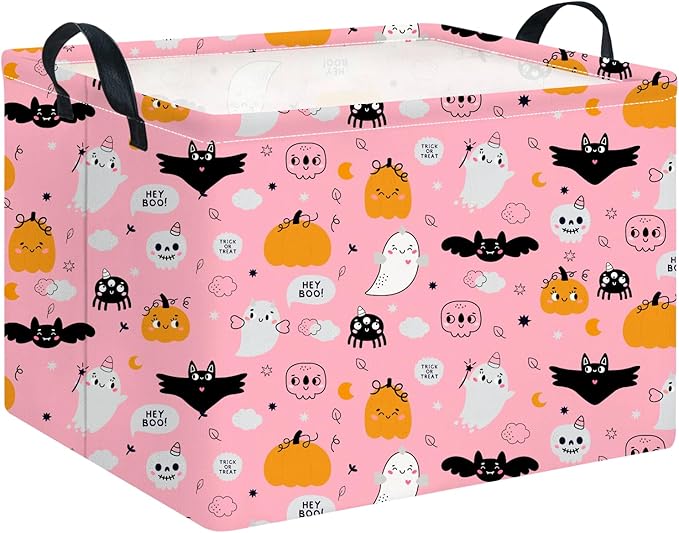 CLOCOR Rectangular Storage Basket Empty,Gift Basket for Halloween,Waterproof Storage Bin with Handles,Room Decor(Pink Ghost)-NeatNest