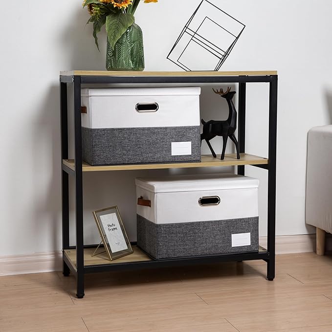 PRANDOM Foldable Storage Bins with Lids [3-Pack] Fabric Collapsible Storage Boxes Baskets Cubes Containers with Handles for Closet Living Room Bedroom (Grey & White 17.7x11.8x11.8'')-NeatNest