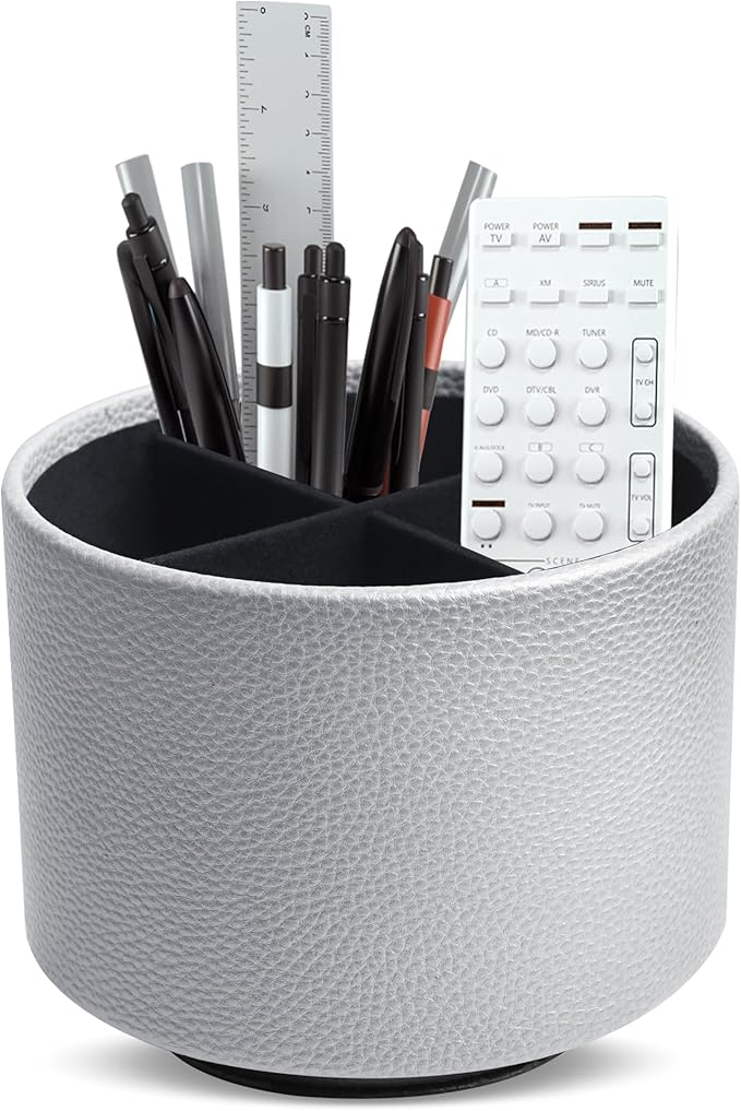 Hennaja Round Leather Art Supply Organizer,Remote Control Holder,360 Degree Spinning,Multi-Functional Pencil Holder,4 Compartments Desktop Stationary Organizer(1-Lichee Silver)-NeatNest