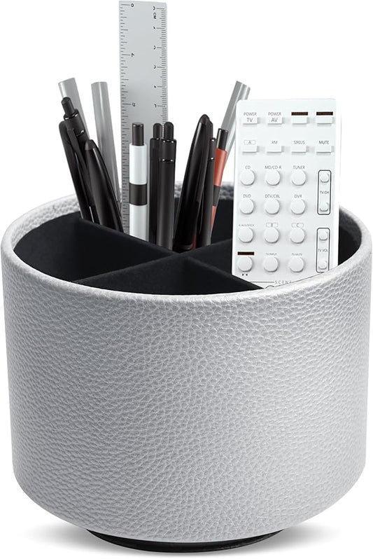 Hennaja Round Leather Art Supply Organizer,Remote Control Holder,360 Degree Spinning,Multi-Functional Pencil Holder,4 Compartments Desktop Stationary Organizer(1-Lichee Silver)-NeatNest