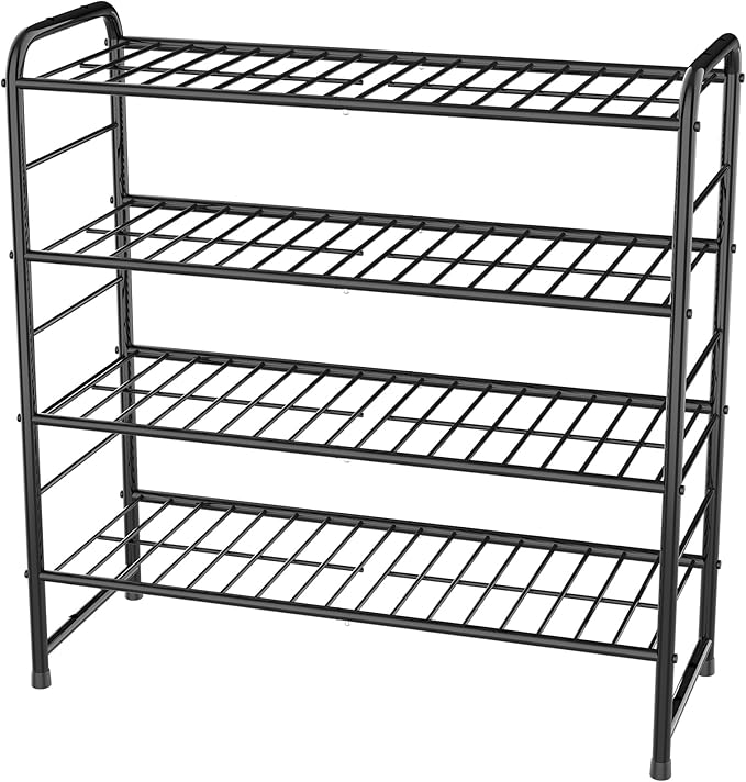 REGILLER 4-Tier Stackable Shoe Rack, Expandable & Adjustable Shoe Organizer Storage Shelf, High Capacity, Wire Grid, Black-NeatNest
