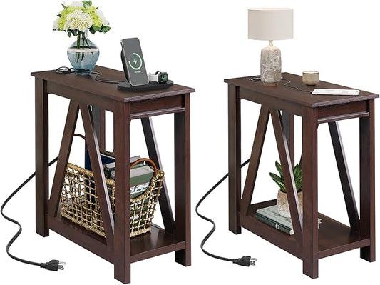 WLIVE End Tables Living Room Set of 2 with Charging Station, Sofa Side Tables with Open Storage Shelf, Slim Farmhouse End Table Sets, Espresso
