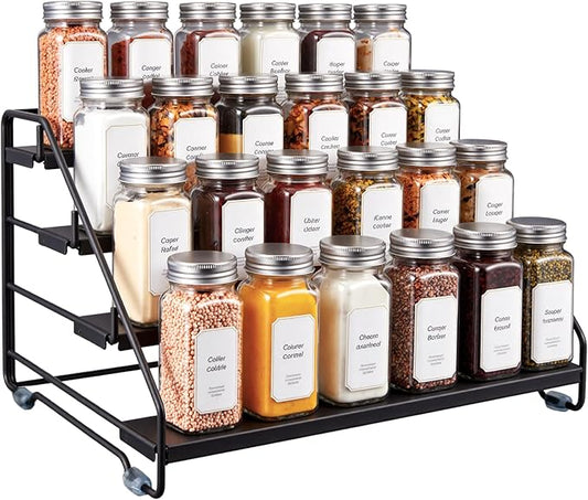 4 Tier Spice Rack Organizer for Cabinet, Step Adjustable Spice Shelf Seasoning Organizer with Non Slip Tiers, Expandable Metal Spice Rack for Kitchen Countertop, Pantry, Cupboard – Black-NeatNest