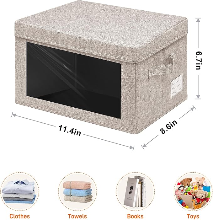 3-Pack Fabric Storage Bins with Lids, Foldable Storage Boxes with Handles & Clear Window, Closet Organizers for Clothes, Books (Oatmeal, 3PCS/11.4 x 8.6 x 6.7 in)-NeatNest