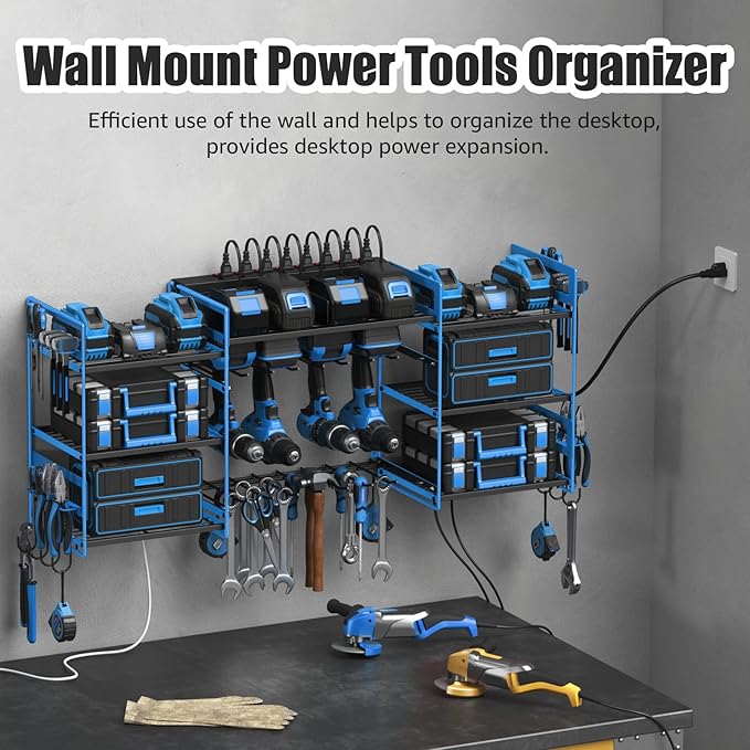CCCEI Blue Power Tool Organizer Wall Mount, Large Tools and Battery Storage Rack Charging Station Individual Switches. Drills Holder, Garage Utility Shelves with 6FT Power Strip. Gift for Men.-NeatNest