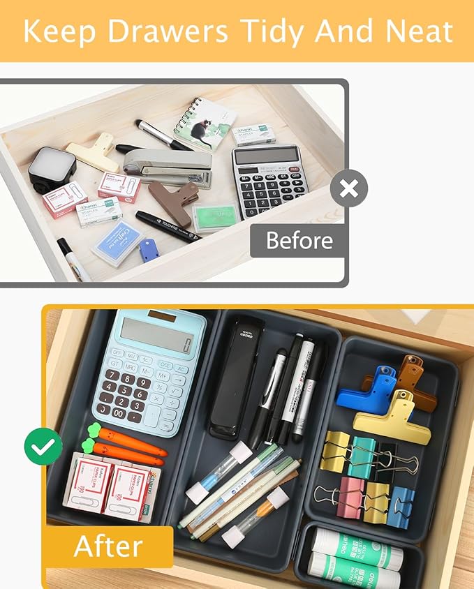 6 PCS Large Drawer Organizer, 3 Sizes Plastic Versatile Desk Drawer Organizer Trays, Kitchen Drawer Organization and Plastic Storage Bins for Makeup, Vanity, Kitchen, Utensils, Office, Bathroom-NeatNest
