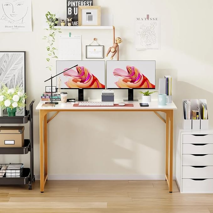 40 Inch Computer Desk for Bedroom，Sturdy Wooden Work Desk for Home Office，Simple Modern Style Tables with Metal Desk Legs Writing Study Table for Adults&Kids,White Gold