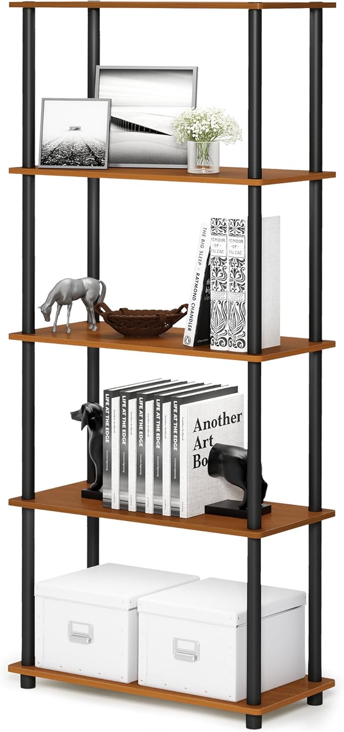 Furinno Turn-N-Tube 5-Tier Multipurpose Shelf / Display Rack / Storage Shelf / Bookshelf, Round Tubes, Light Cherry/Black-NeatNest