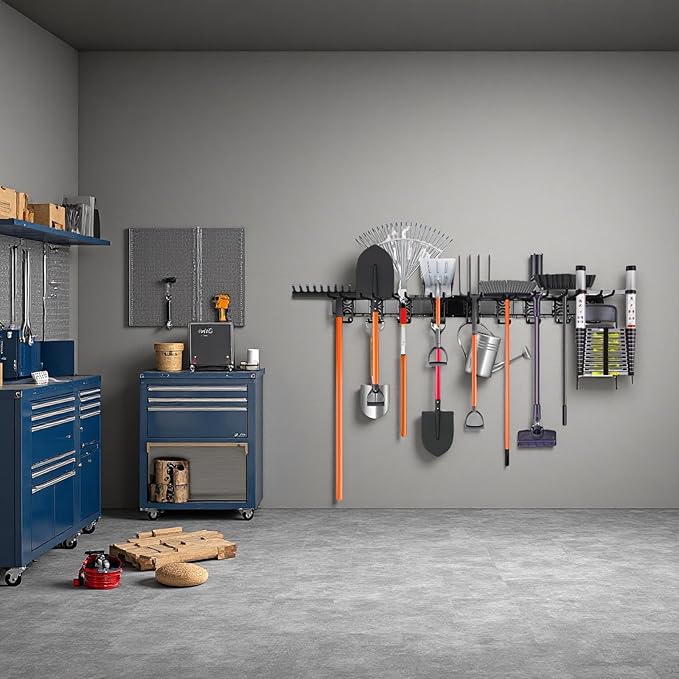 ELEAD 96 Inches Garage Storage, Garage Organization, Garden Tool Organizer Wall Mount, 18 Adjustable Heavy Duty Metal Hooks, Holds Up to 1460 lbs, Yard Tool Organizer for Garden, Yard, and Shed