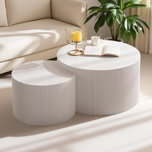 Modern Round Wooden Nesting Coffee Table Set of 2 Circle Tables with Non-Slip Feet, Accent Side End Table, Saving Space Design and No Need Assembly (GLARGE)