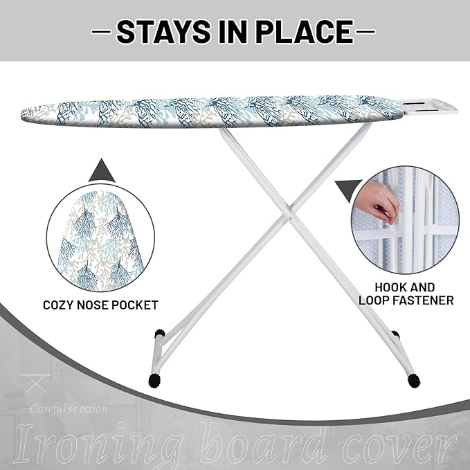 Extra Thick Ironing Board Cover and Pad, Coastal Summer Beach Coral 15x54 Ironing Board Cover, Resist Scorching and Staining,Elastic Edges,Seaside Nautical Blue Grey