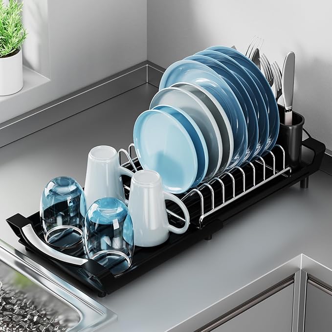 Expandable Dish Drying Rack for Sink or Countertop – Compact Stainless Steel Dish Drainer with Removable Utensil Holder, Rustproof Plate Rack for Small Kitchen Spaces, Black