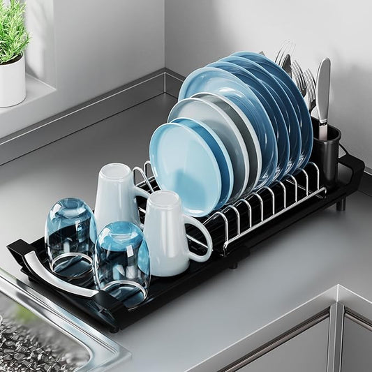 Expandable Dish Drying Rack for Sink or Countertop – Compact Stainless Steel Dish Drainer with Removable Utensil Holder, Rustproof Plate Rack for Small Kitchen Spaces, Black