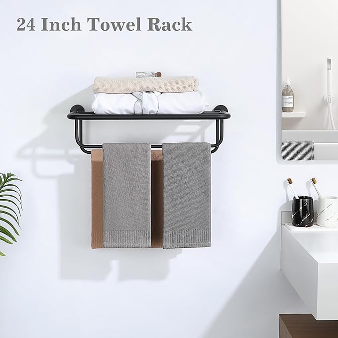 Alise Towel Rack for Bathroom,24 Inch Matte Black Towel Holder for Lavatory,Towel Hanger with Double Towel Bars for Bath Wall,Wall Mount SUS304 Stainless Steel Towel Drying Storage Shelf,GYSJ9260-B