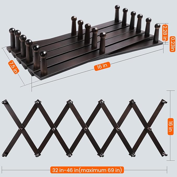 Homode Accordion Wall Hanger, Hat Hangers Wall Mounted, Wood Accordian Coat Rack with 17 Hooks, Expandable Peg Rack Wall Organizer for Hanging Baseball Caps, Hats, Purse, Coffee Cup, Bag, Walnut-NeatNest