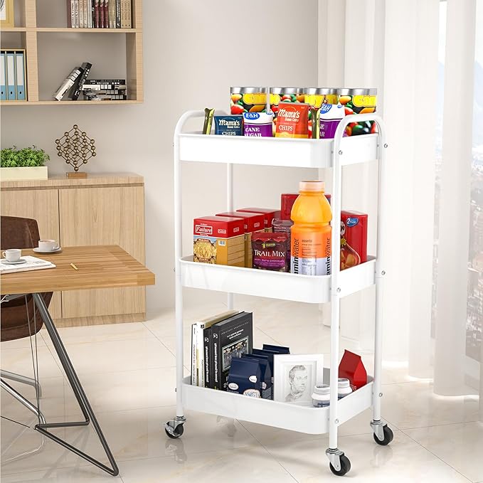 3-Tier Rolling Metal Storage Cart with Wheels, Multi-Functional Organizer for Office, Kitchen, Bathroom, Books Diapers - Easy Assembly (White)-NeatNest