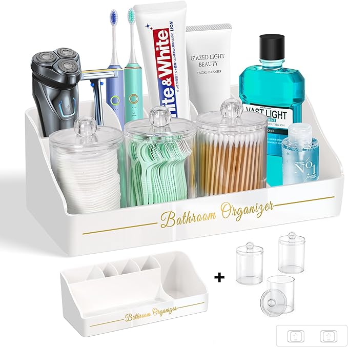 Bathroom Countertop Organizer, Toothbrush Holders for Bathroom with 3PCS Qtip Holder Dispenser and Toothpaste Holder Drainage for Bathroom Accessories Organization Counter Vanity Storage-White