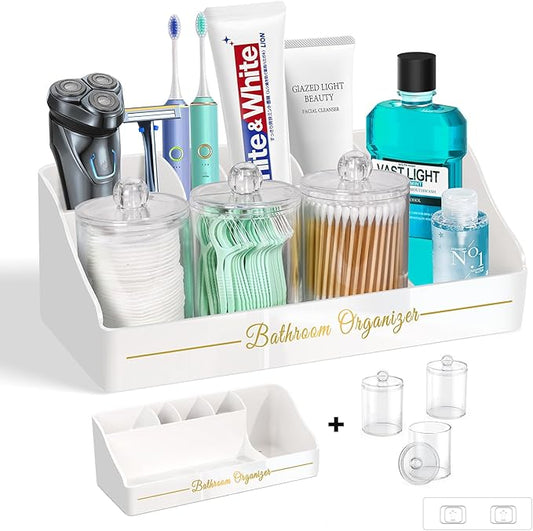 Bathroom Countertop Organizer, Toothbrush Holders for Bathroom with 3PCS Qtip Holder Dispenser and Toothpaste Holder Drainage for Bathroom Accessories Organization Counter Vanity Storage-White