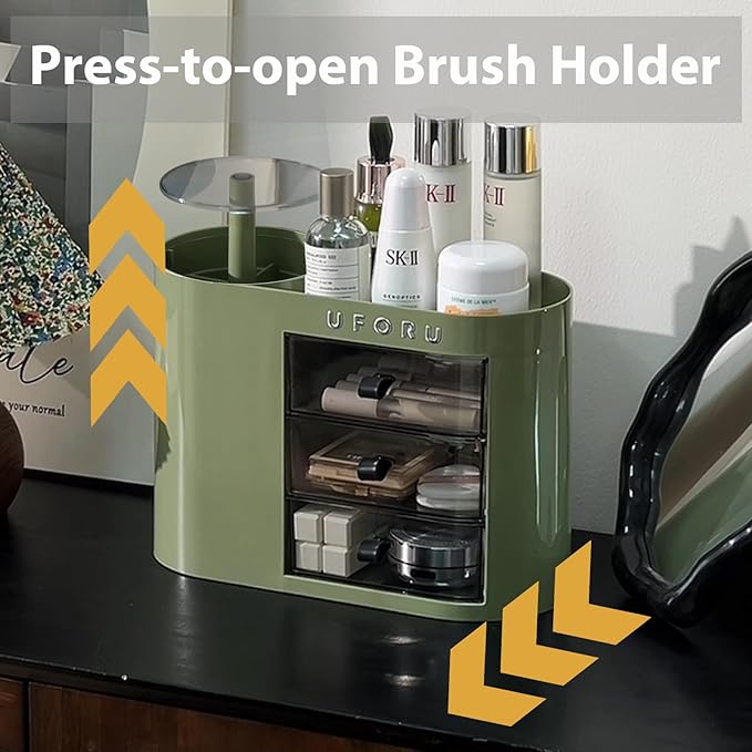 Makeup Organizer with Drawers for Vanity, 4 Slot Brush Holder with One Touch Open,Spacious Cosmetic Storage for Dresser Vanity and Bathroom Countertop, Beauty Holder for Lipstick Skincare(Green)-NeatNest