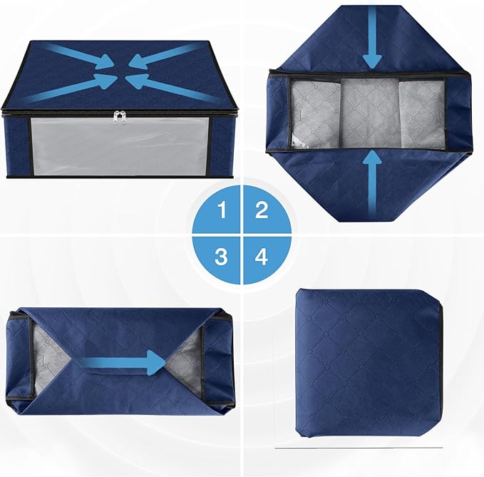 HomeHacks Storage 8-Pack Clothes Organizer Storage Bags Foldable Storage Box with Large Clear Window Sturdy Handles for Closet, Dorm, Pillows, Bedding, Clothes, Blankets, 35L, Blue-NeatNest