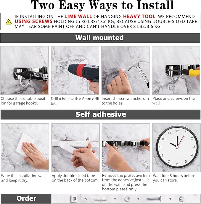 2 Pack Mop and Broom Holder Wall Mount, 5 Racks and 4 Hooks Broom Organizer Storage Tool Racks Stainless Steel Heavy Duty Hooks Self Adhesive Solid Non-slip for Home Kitchen Garden Laundry Garage-NeatNest