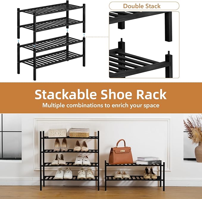 2 Tier Bamboo Shoe Rack Storage Organizer for Closet, Multifunctional Stackable Free Standing Shoe Shelf Organizer for Small Space,Entryway,Hallway,Bathroom 27"x11"x13" (Black, 2 Tier)-NeatNest