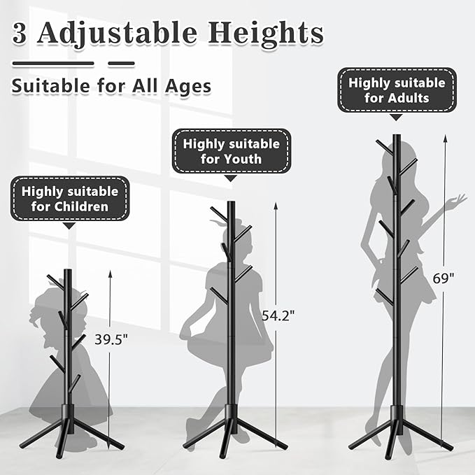 2 Pack Coat Rack, Solid Wood Coat Rack Freestanding with 8 Hooks & 3 Adjustable Heights, Simple Assembly Coat Tree for Hats, Bags, Wooden Coat Hanger Stand for Bedroom, Entryway, Office-NeatNest