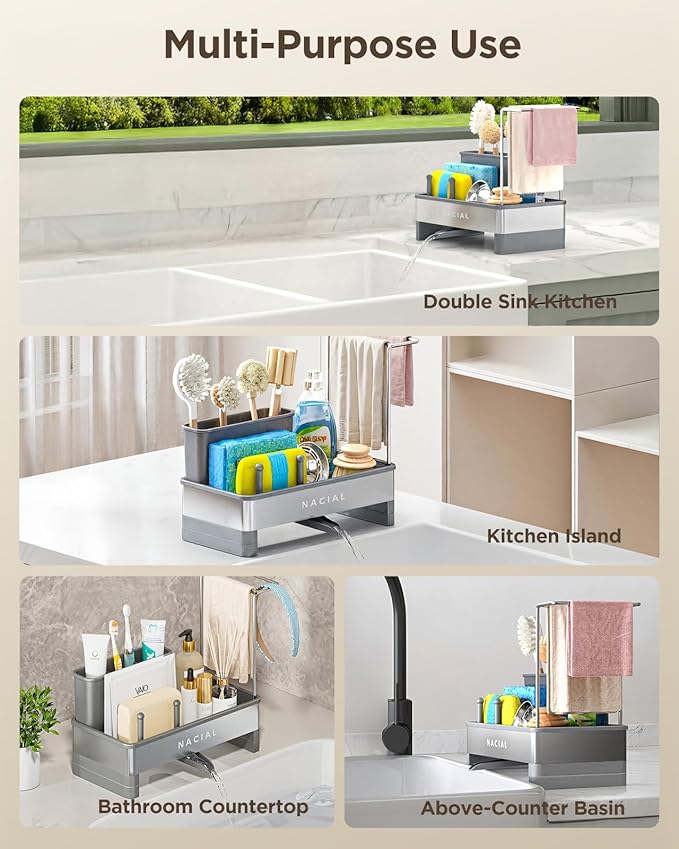 Nacial Sponge Holder for Kitchen Sink, Sink Caddy Organizer with High Brush Holder, Two Towel Racks & Soap Dispenser- Rustproof 304 Stainless Steel Kitchen Countertop Storage Essentials - Gris-NeatNest