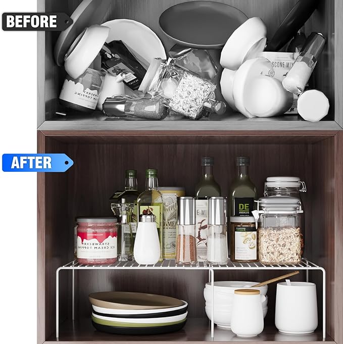 Expandable Storage Shelf, Pantry Organizers and Storage, Adjustable Rustproof Metal Wire Spice Rack, Space Saver Kitchen Storage Shelves for Pan, Pot, Countertop, Drawer, Fridge, Set of 2, White-NeatNest