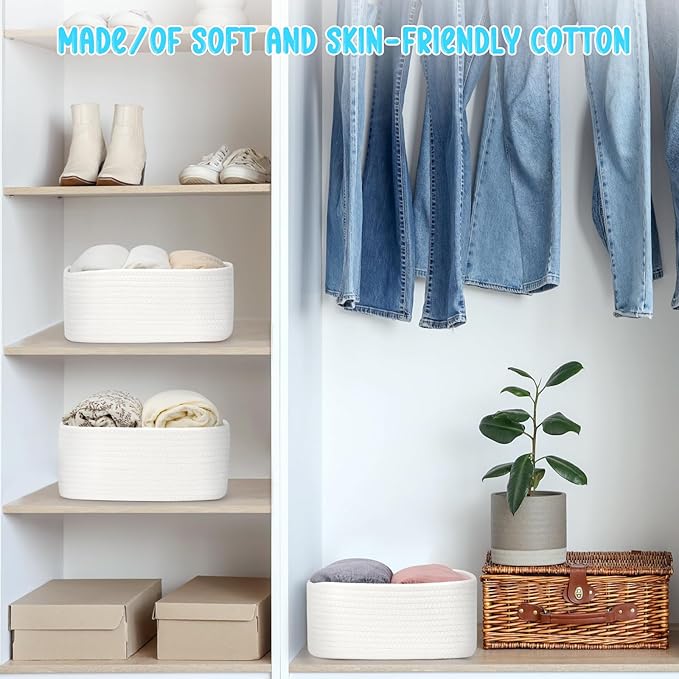 3-Pack Storage Baskets for Organizing | Woven Shelf Toy Basket | Rope Baskets for Gifts Empty | Closet Organizer Bins with Handles | Cube Decorative Box | 13.7×7.1×6.7” | White-NeatNest