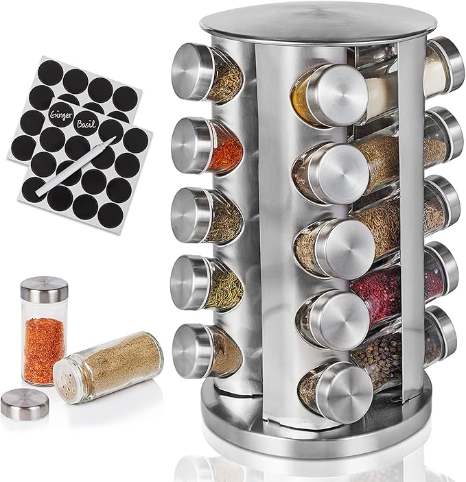 Baker Boutique Spice Rack, Spice Organizer for Countertop, Empty 20-Jars Rotating rack, Spinning flavoring Rack Shelf, Revolving Rack for Kitchen (Silver)-NeatNest