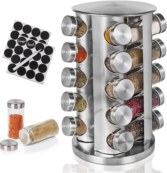 Baker Boutique Spice Rack, Spice Organizer for Countertop, Empty 20-Jars Rotating rack, Spinning flavoring Rack Shelf, Revolving Rack for Kitchen (Silver)-NeatNest