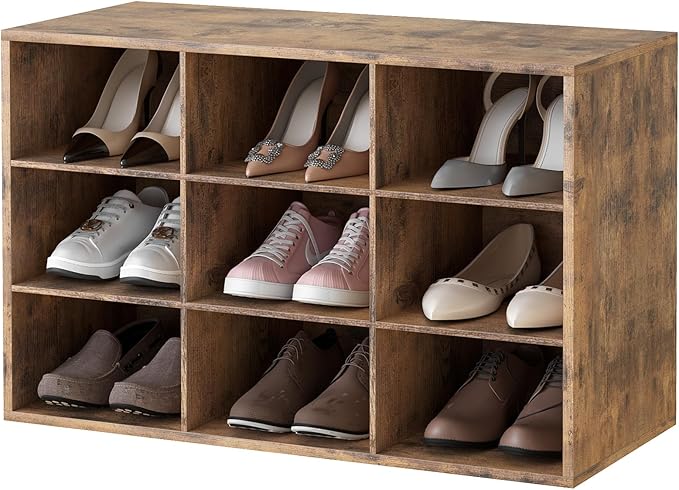 Garden 4 you Shoe Storage Bench, Cubby Shoe Rack with 9 Cubbies, 3-Tier Wood Shoe Rack Organizer, Shoe Organizer Cabinet for Entryway, Hallway, Closet and Garage, Brown-NeatNest