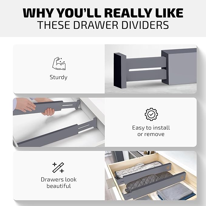 4 Pack Drawer Dividers Bamboo 2.6" High, 16-22" Adjustable Drawer Organizers for Clothes, Expandable Dresser Separators in Bedroom/Bathroom/Kitchen/Office Organization and Storage (Grey)-NeatNest