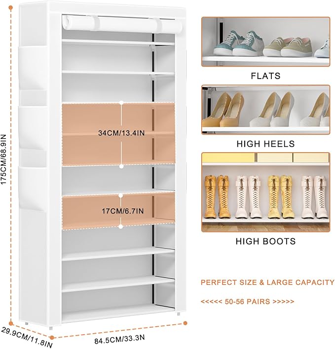 Shoe Rack 10Tier Large Capacity 50-56Pairs Beautiful Tall Shoe Shelf Free Standing Storage Cabinet Entryway Closet-NeatNest