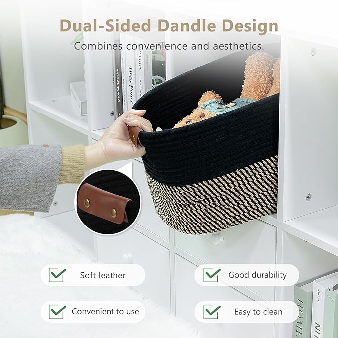 Cotton Rope Basket , Storage Baskets with Handle, 15x10x9 Inch Woven Basket for Shelves, Laundry, Towels, Clothes, Books, Toys (Black Brown 3 Pack)-NeatNest