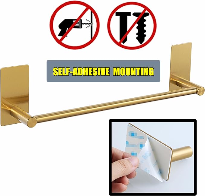 Alise Towel Racks for Bathroom, 16 Inch SUS 304 Stainless Steel Adhesive Gold Towel Bar No Drill, Towel Rack Wall Mounted，Rustproof Bath Towel Holder