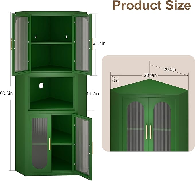 64" Tall Metal Corner Storage Cabinet with Acrylic Glass Doors ＆ Open Display Storage Shelves, Farmhouse Corner Pantry Storage Cupboard for Kitchen, Laundry Room, Bathroom or Bedroom (Green)