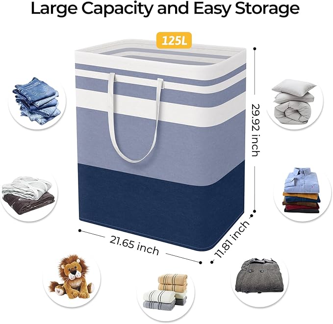 HomeHacks 2-Pack Large Laundry Basket, Waterproof, Freestanding Laundry Hamper, Collapsible Tall Clothes Hamper with Extended Handles for Clothes Toys in the Dorm and Family (Blue, 125L)-NeatNest