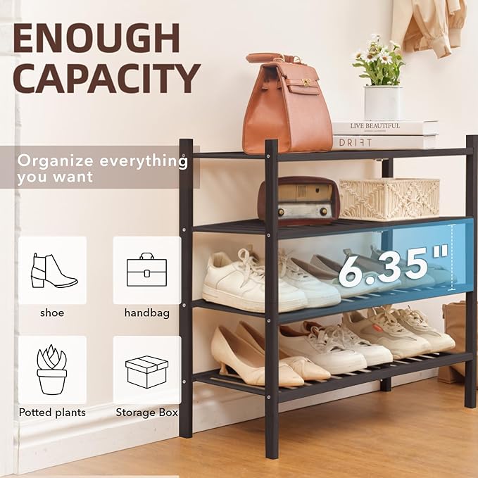 4 Tier Bamboo Shoe Rack Storage Organizer for Closet, Multifunctional Stackable Free Standing Shoe Shelf Organizer for Small Space,Entryway, Hallway, Bathroom27 x11 x26 (Brown, 4 Tier)-NeatNest