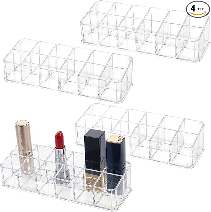 4-Pack 12-Slot Acrylic Lipstick Organizer, Lipstick Holder, Lip Gloss Organizer, Cosmetic Storage Display, Perfect Storage Solution for Drawer, Vanity, Bathroom, and More-NeatNest