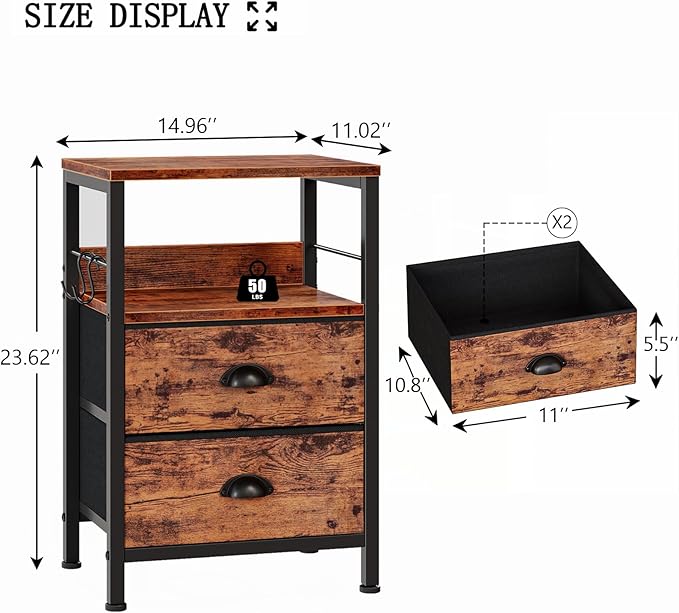 Furologee Nightstands Set 2, Bedside Table with 2 Fabric Drawers, End Table with Hooks and Shelf, Side Table for Bedroom/Living Room/Study/Hallway/Brown